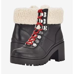 Nine‎ West Quimbie 3 Heeled Sherpa Hiker Boots Leather Zip Red Laces Size 6M